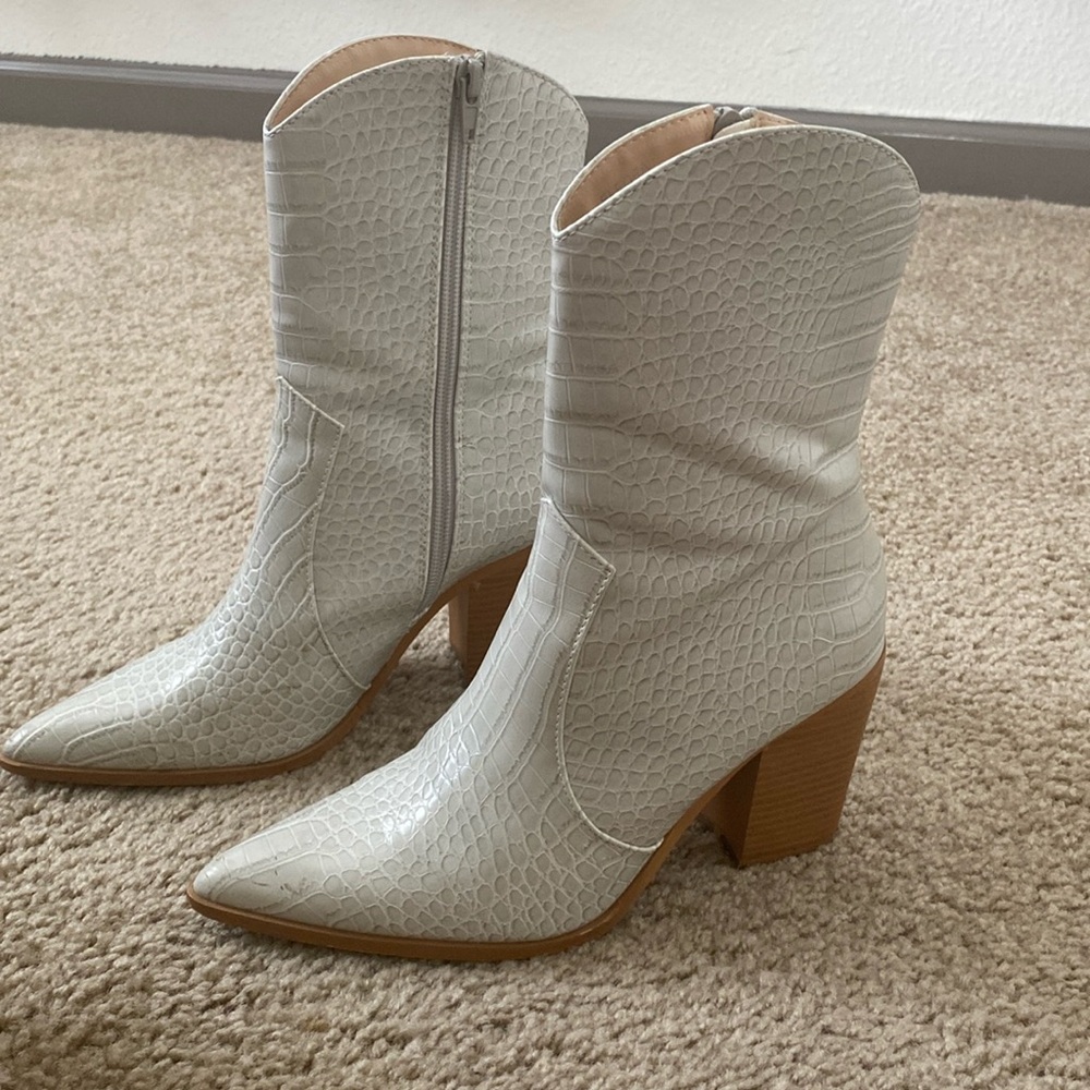 Eleora Bone Crocodile-Embossed Mid-Calf High Heel Boots